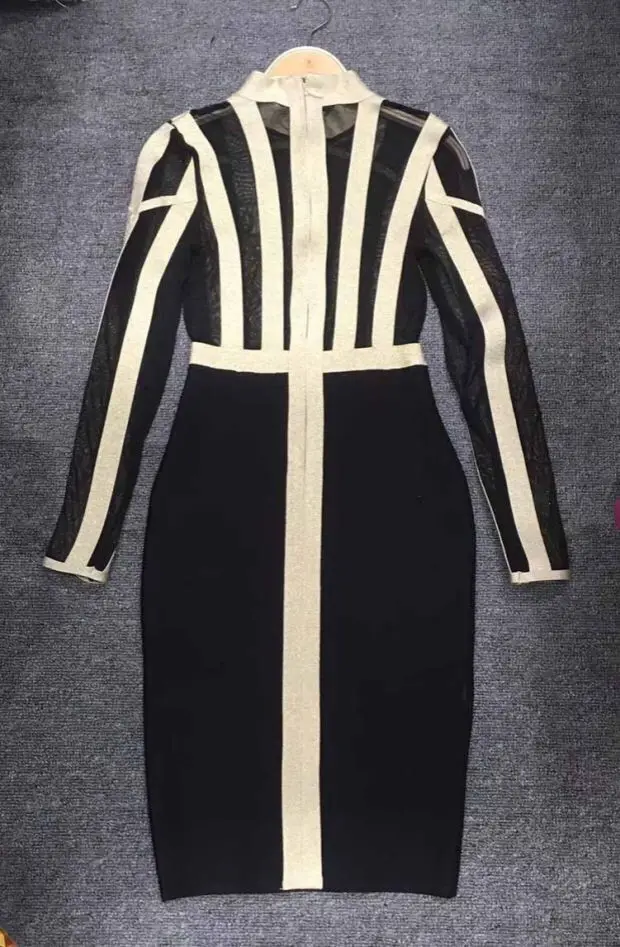 

High Quality Long Sleeve Gold Black Patchwork Hollow Out Rayon Bandage Dress Evening Party Dress