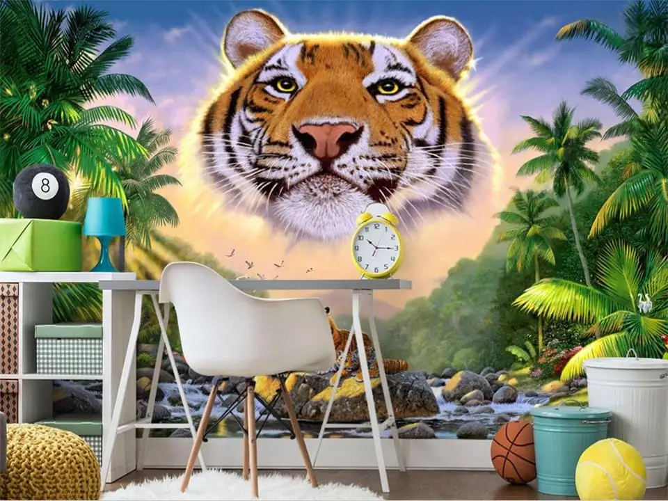

Пользовательские 3D фотообои для детской комнаты, Настенные обои с изображением дивана, фона для телевизора, голова тигра, каменный пейзаж, 3D...