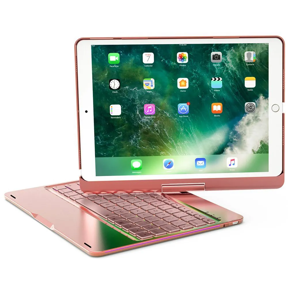 Для iPad 9,7 вращающийся на 360 градусов Алюминиевый Bluetooth русский/испанский/иврит чехол-клавиатура с 7 цветами светодиодный подсветка