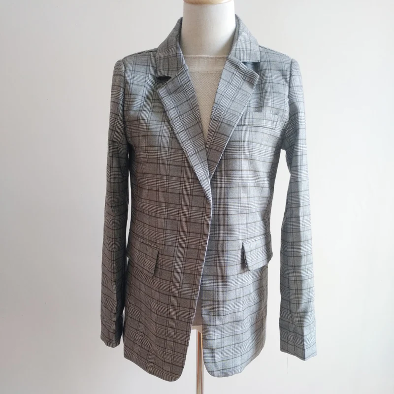 Женский офисный Блейзер BGTEEVER серый клетчатый блейзер с отложным воротником