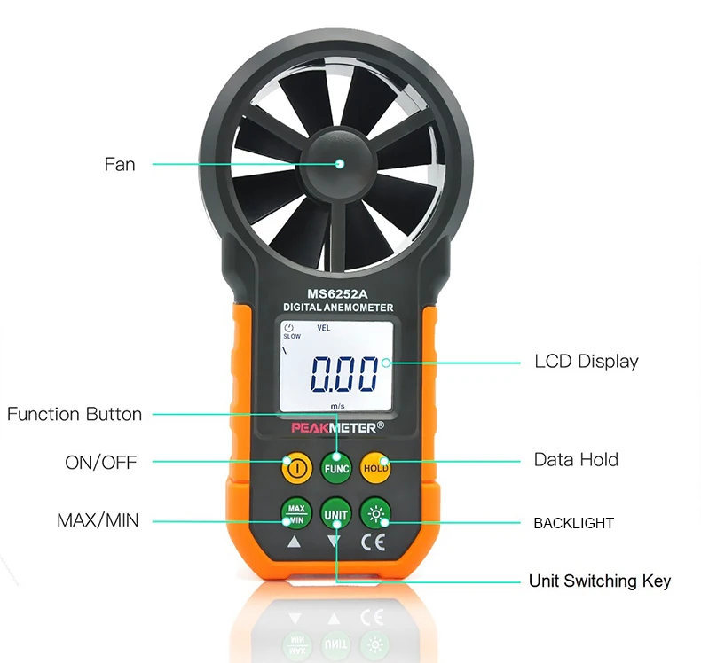 PEAKMETER MS6252A ручной воздушный цифровой анемометр Высокая точность Тестер громкости ветер ускоряющий инструмент