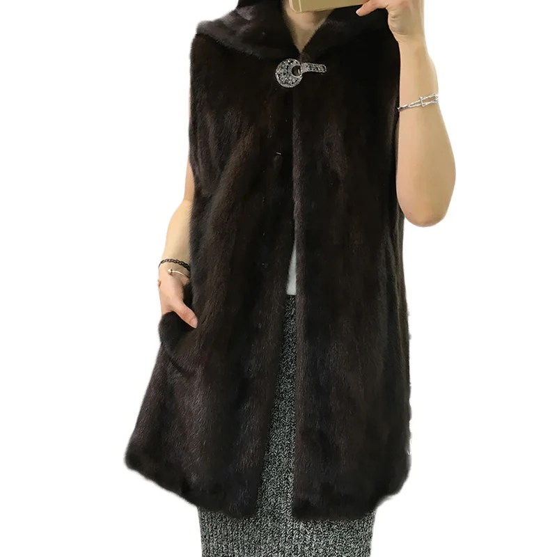 New Women's Mink Fur Coats Sleeveless Vests Real Black/Coffee Color Genuine Coat Winter Luxury Vest Hooded Pockets | Женская одежда