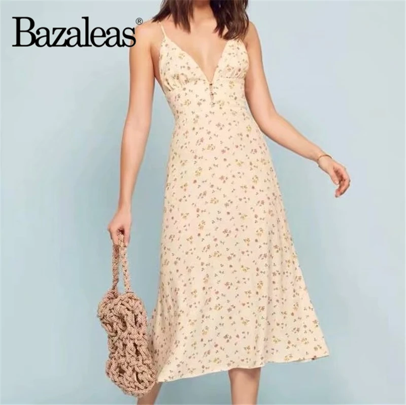 Спагетти ремни миди платье сексуальное Глубокий v-образный вырез цветочный принт