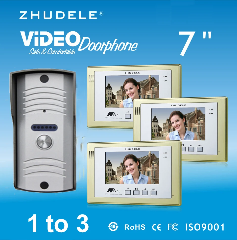 Комплект домашней системы безопасности ZHUDELE 3x7 &quotмониторы для видеодомофона + 1XCCD