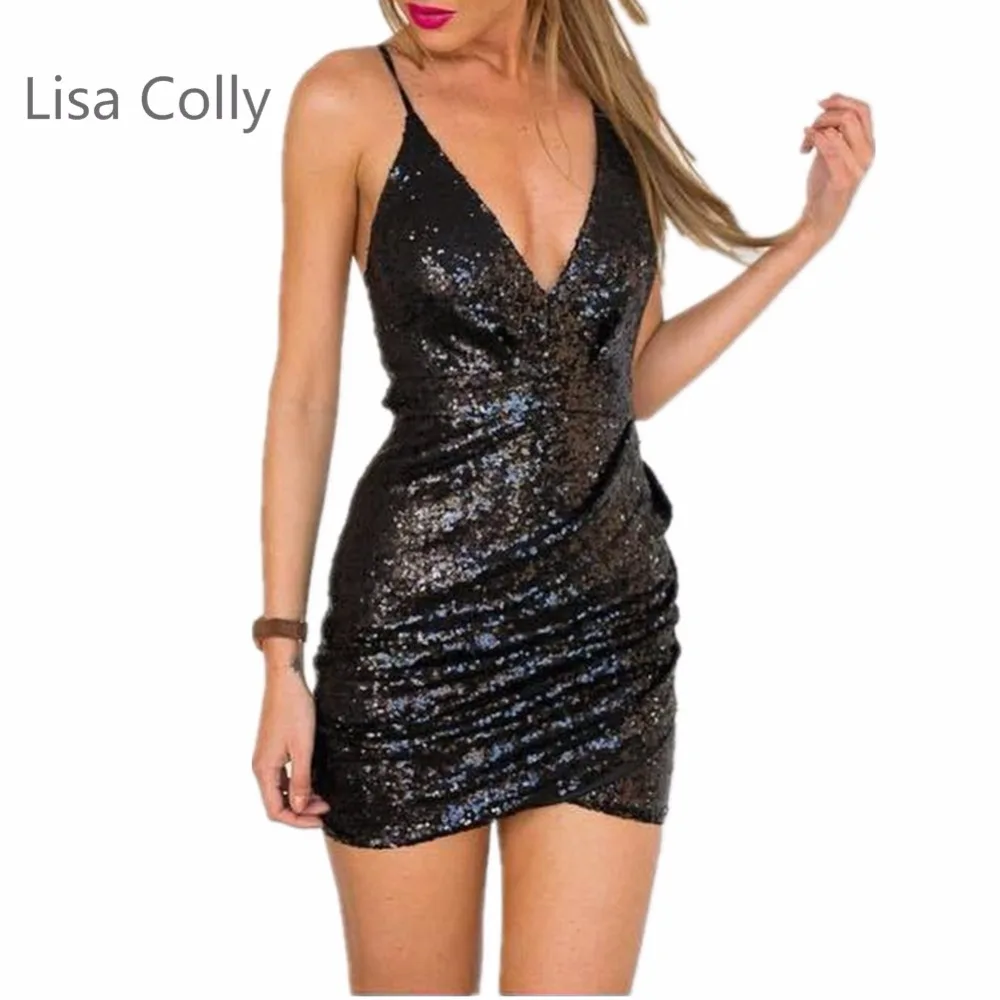 

Womens Gold Black Sequins Mini Dress Sexy V-neck Party Club Wear Dress Women Summer Dress