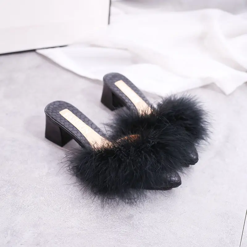 Весна 2019 обувь ручной работы меховые сандалии на высоком каблуке пляжные тапочки