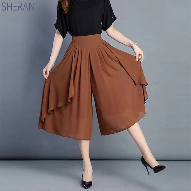 

SHERAN New Summer Women Pant 2018 Chiffon Wide Leg High Waist Loose Pants Casual Skirt Pants Black Plus Size Pantalon Pemme