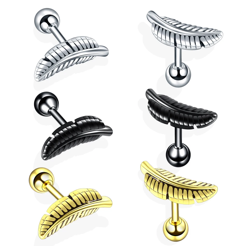 Серьги гвоздики женские из нержавеющей стали штанга с перьями и ушной Хеликс