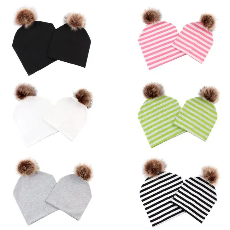 2pcs/Set Family Matching Hat for Mom Kids Knitted Newborn Baby Winter Beanie CapSoft Children Pompon Decor Ball Caps | Детская одежда и