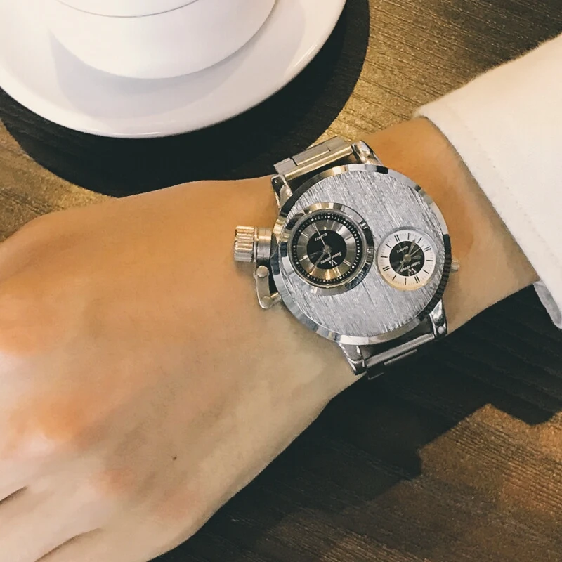 

Double Movement Large Dial Men's Watch Fashion Creative Personality Watch Unique Two Time Zone Silver Sports Wristwatch Students