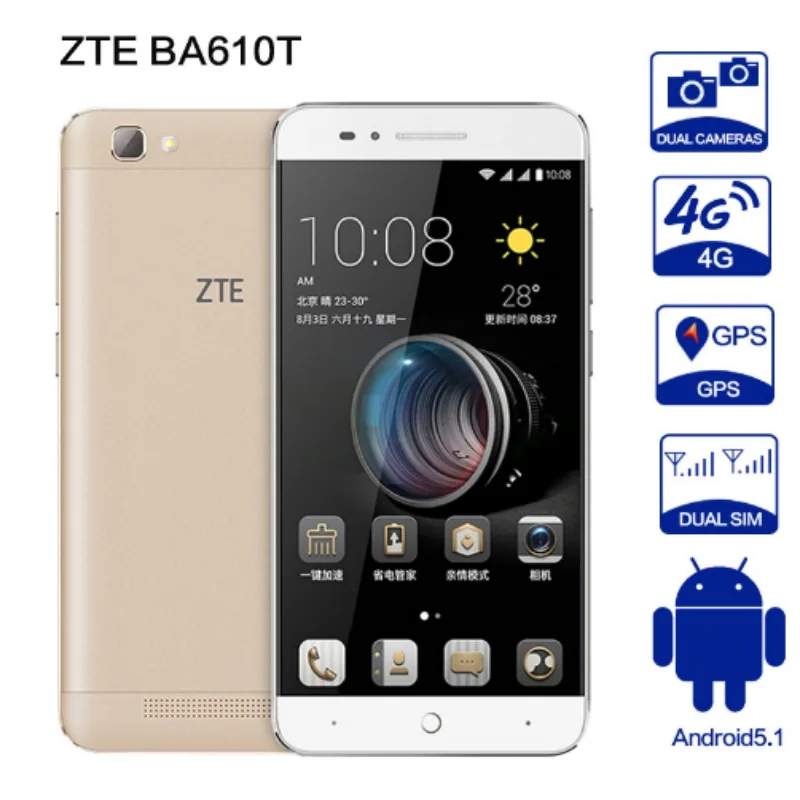 Оригинальный ZTE ba610t mtk6735p четыре ядра телефон Android5.1 1G RAM 8G ROM 8.0MP 4000 мАч Dual SIM 8MP OTG
