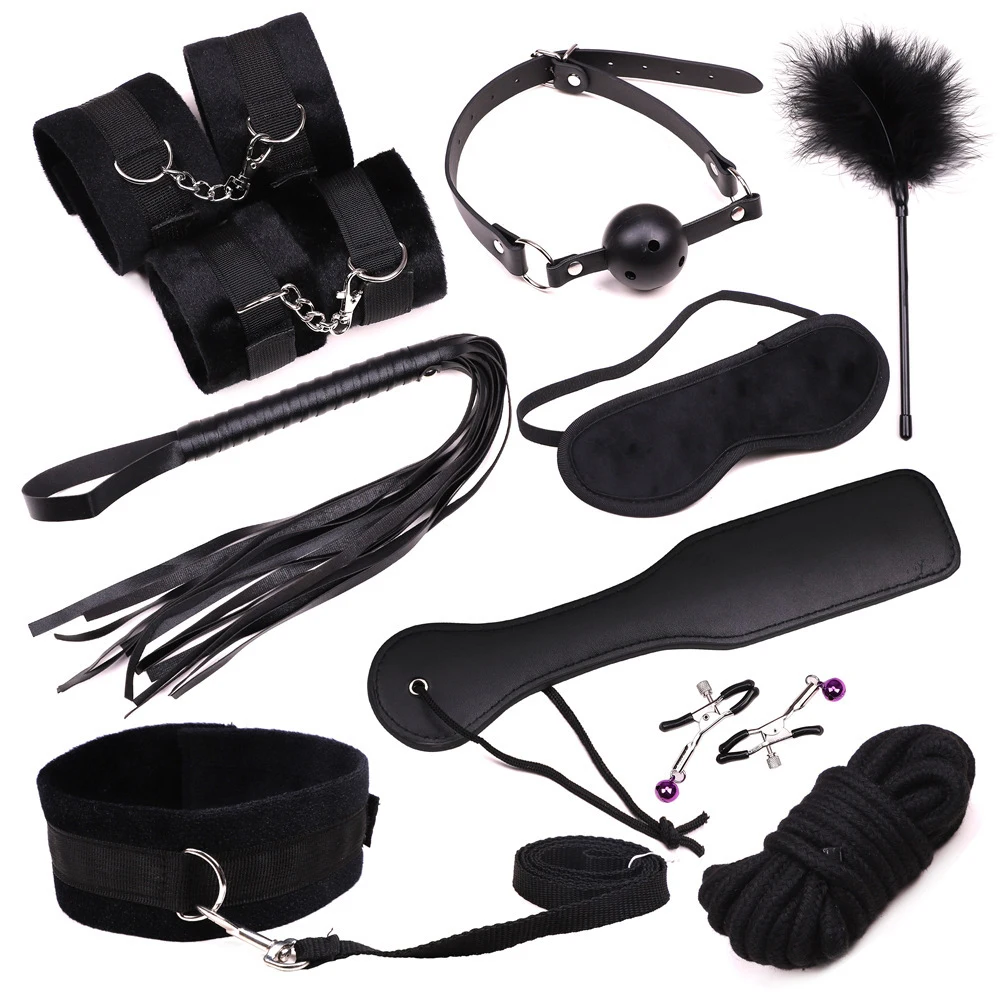 

10 Pcs Set Bondage Fetish Kit Restraints Collar Slave Sex Toys for Woman Handcuffs Ball Gag Mask Whip Sex Products for Couples