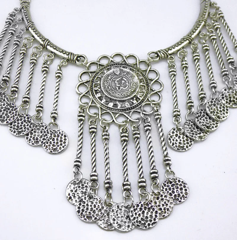 

Bohemian Ethnic Retro Vintage Silver Spotted Disc Long Tassels Choker Necklaces Gypsy Beachy Chic Jewelry