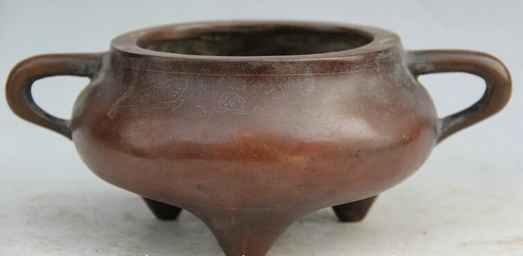 

song voge gem S2167 9" Chinese palace Purple Bronze circular 3 Foot Boy handle Incense Burner Censer