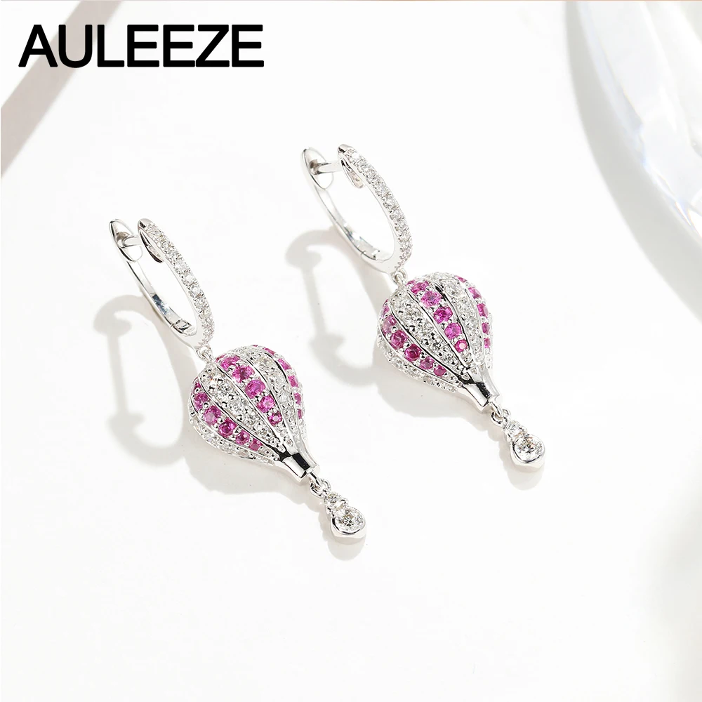 AULEEZE Hot Air Balloon Design 18K White Gold Natural Pink Sapphire Drop Earrings Real Gemstone Diamond Anniversary Gift | Украшения и