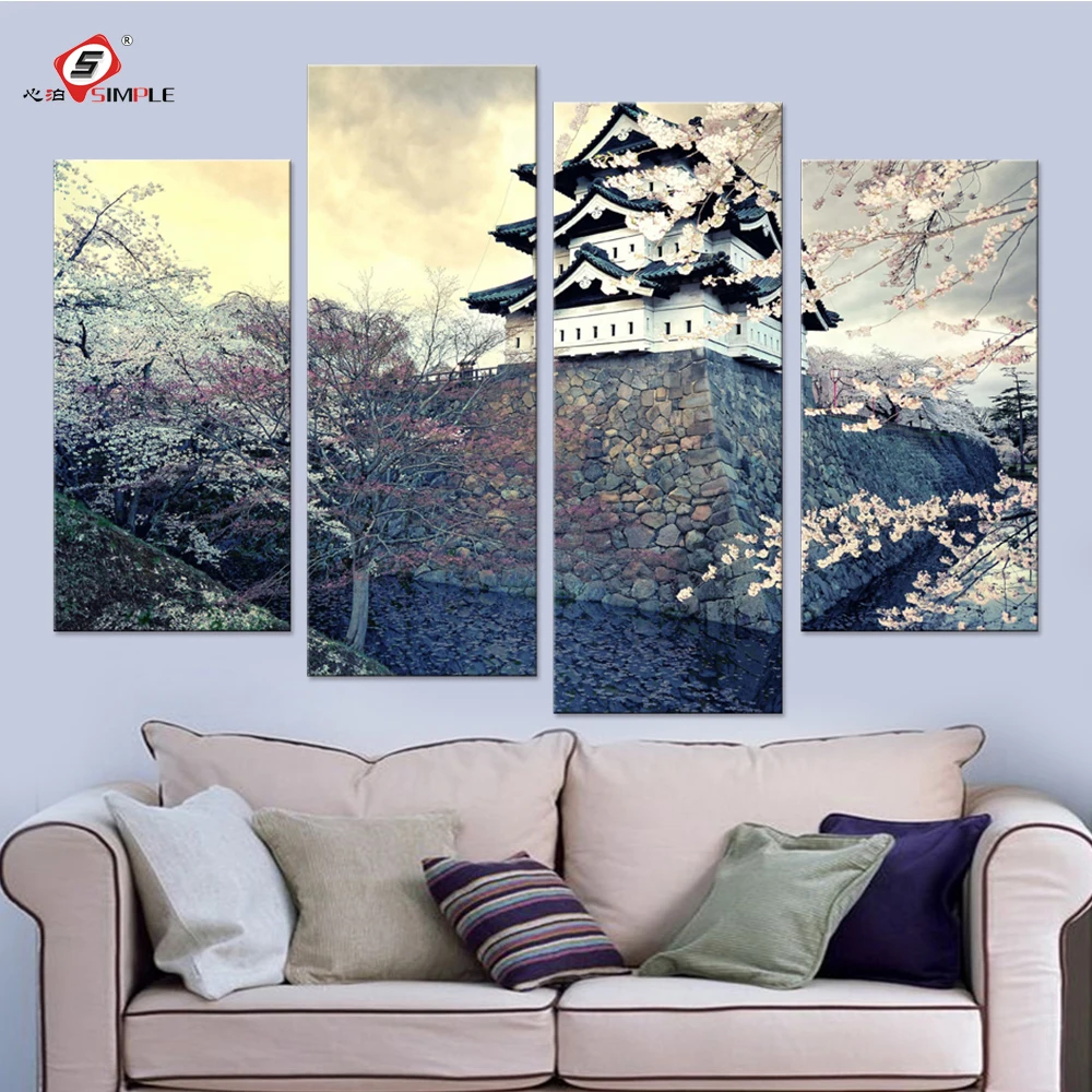 Набор японских весенних холщовых картин Сакура для картины в спальню гостиной|wall
