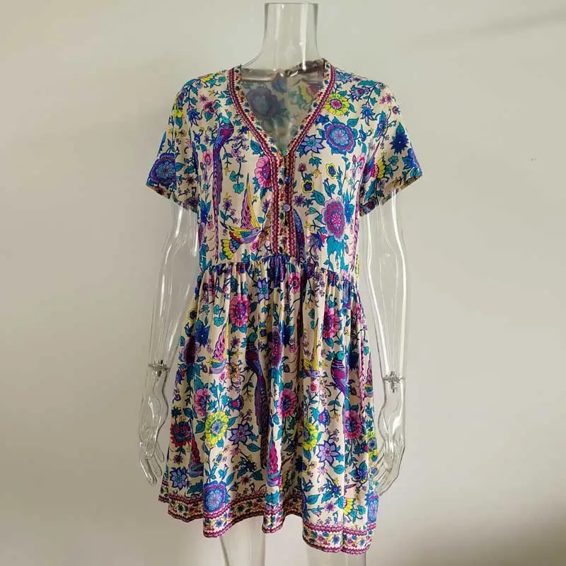 Богемный Вдохновленный цветочный принт v-образный вырез пуговицы свободное