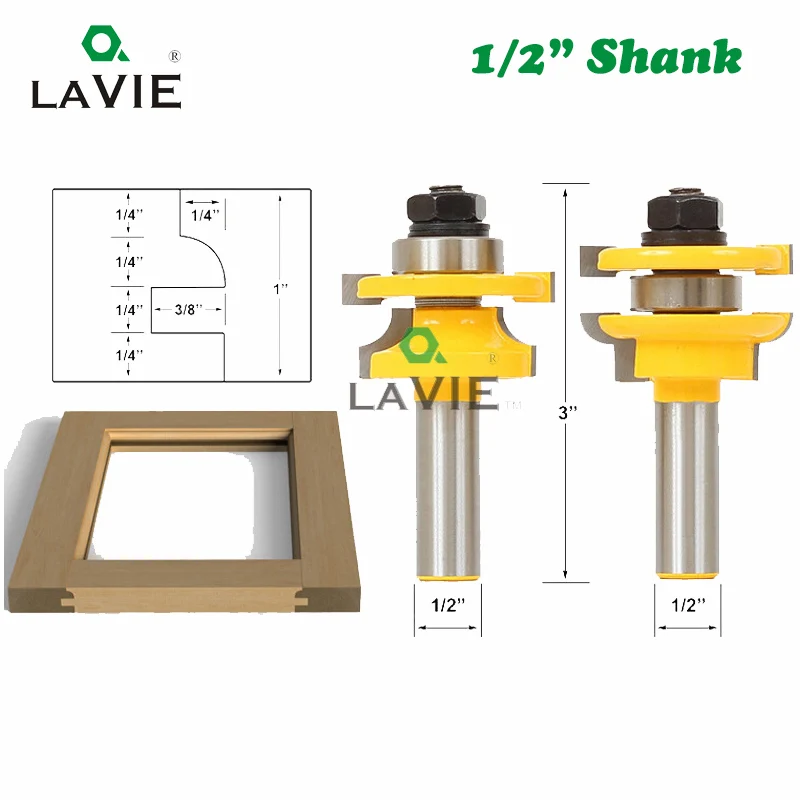 

LAVIE 2pcs 12mm 1/2" Shank Tenon Knife Router Bits Set Door Working Cutter Matched Tongue Groove T-handle Rail Stile Bit 03026