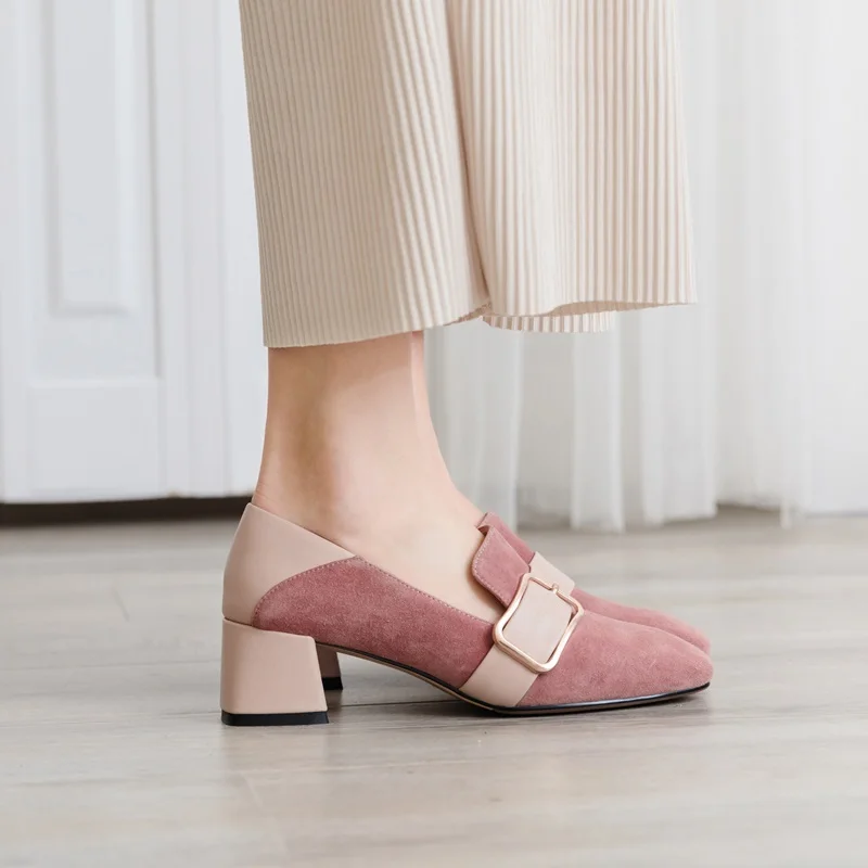 

ZVQ Shoes Women Spring Autumn New Fashion Square Toe Kid Suede Woman Pumps Outside Buckle Office Dress Shoes Plus Size 34-40