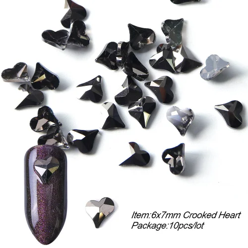 6x7mm Crooked Heart 10 шт, черные стразы, украшения для дизайна ногтей, сердце, капли в форме кристалла, камни с плоской задней частью, дизайн ногтей, ювелирные камни TR724 - Цвет: 6x7mm Crooked Heart