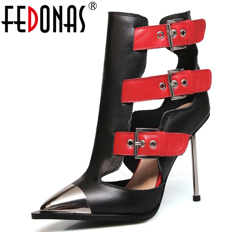 Женские ботильоны в стиле панк FEDONAS Черные из натуральной кожи с острым носком и
