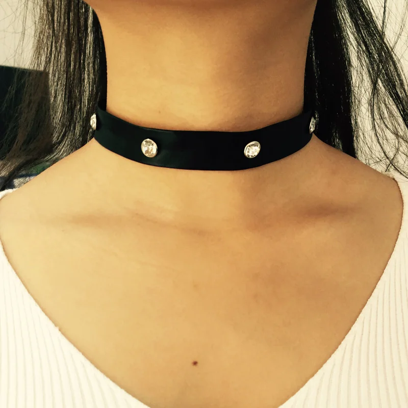 Новинка 2016 панк ожерелье искусственная кожа инкрустированный чокер со стразами
