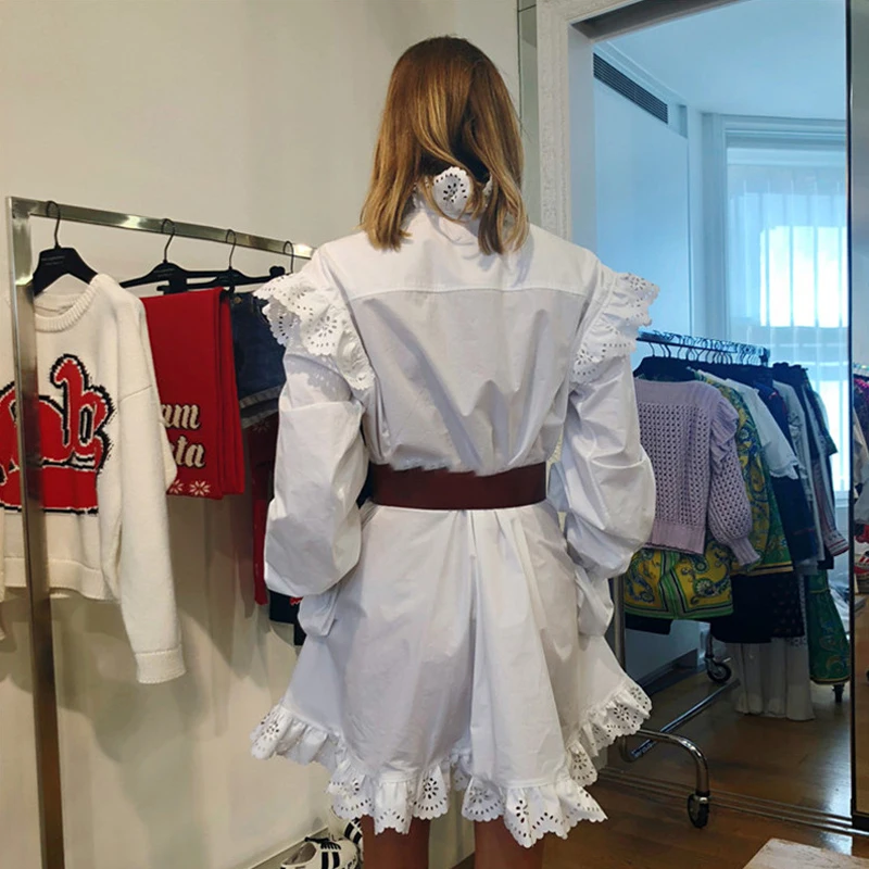 Новые весенние женские белые платья рубашки с поясом элегантное платье длинным