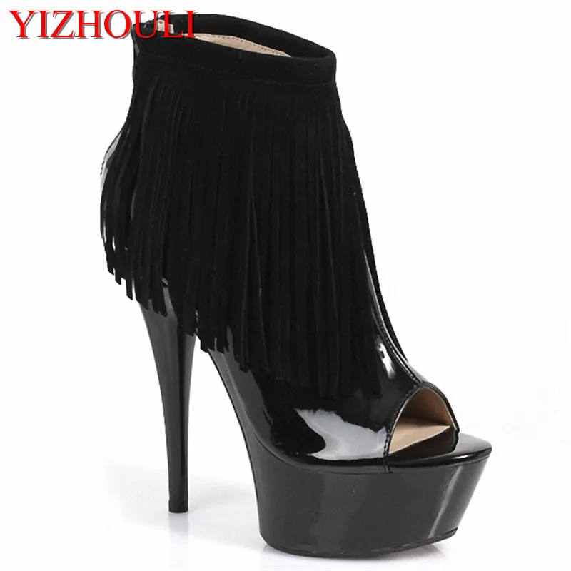 

2018 autumn sexy women's shoes black japanned leather open toe shoes 15cm ultra high heels 6 inch black fringe ankle boots