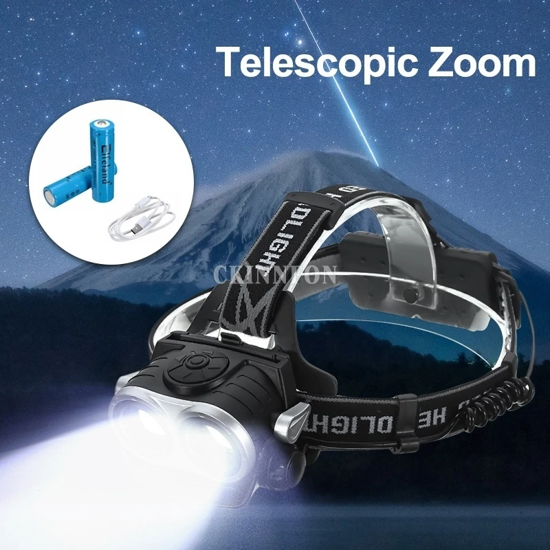

DHL 10PCS 10000Lm 2x T6 Dual LED Headlamp Telescopic Zoomable Headlight Lamp 3 Modes+2x18650 Battery+USB Cable
