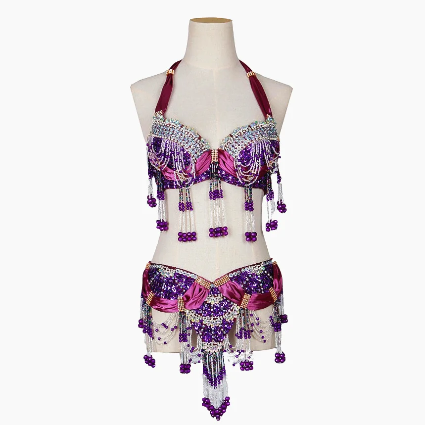 

Size S-XL Performance 11 Colors Women Dancewear Professional 2pcs Outfit Oriental Beads Costume Belly Dance Bra Belt