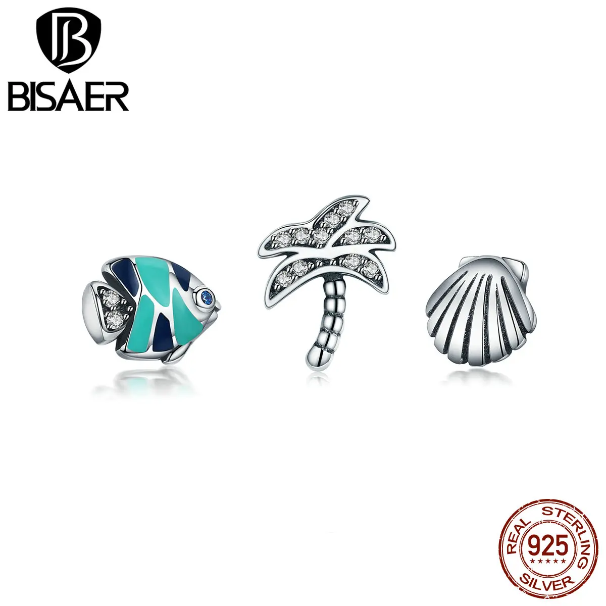 BISAER 925 пробы Серебряное пальмовое дерево Морская ракушка красочная рыба