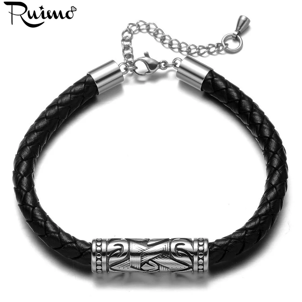 Мужской плетеный браслет RUIMO из натуральной кожи 17 21 см с бусинами нержавеющей