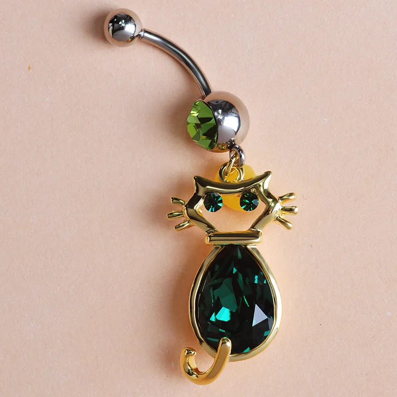 Женское кольцо на пупок Funmor зеленое с австрийским кристаллом для котов украшение