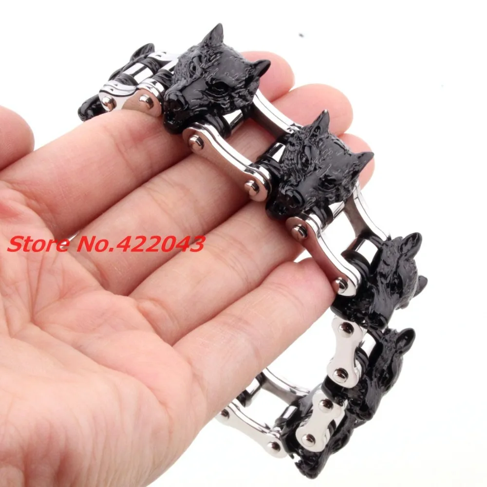 

8.66" 21mm High Quality Black Wolf Heads Heavy 316L Stainless Steel Silver color Motorcycle Bicycle Bracelets Pulseras de Hombre