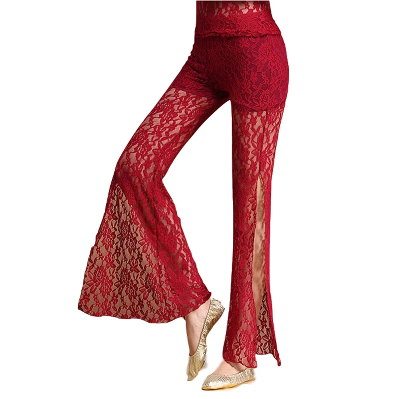 

2018 New Belly Dance Clothes Women Dancewear Lace Pants with Shorts Side Split Flare Trousers for Bellydance Sexy