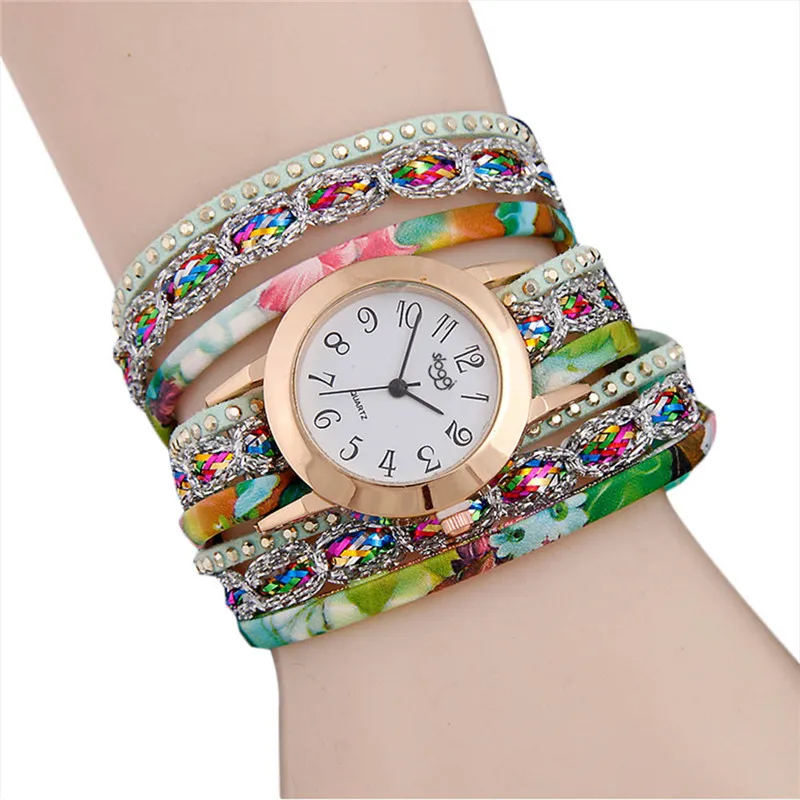 2017 Роскошные модные женские часы кварцевые тонкие кожаные с намоткой Аналоговые