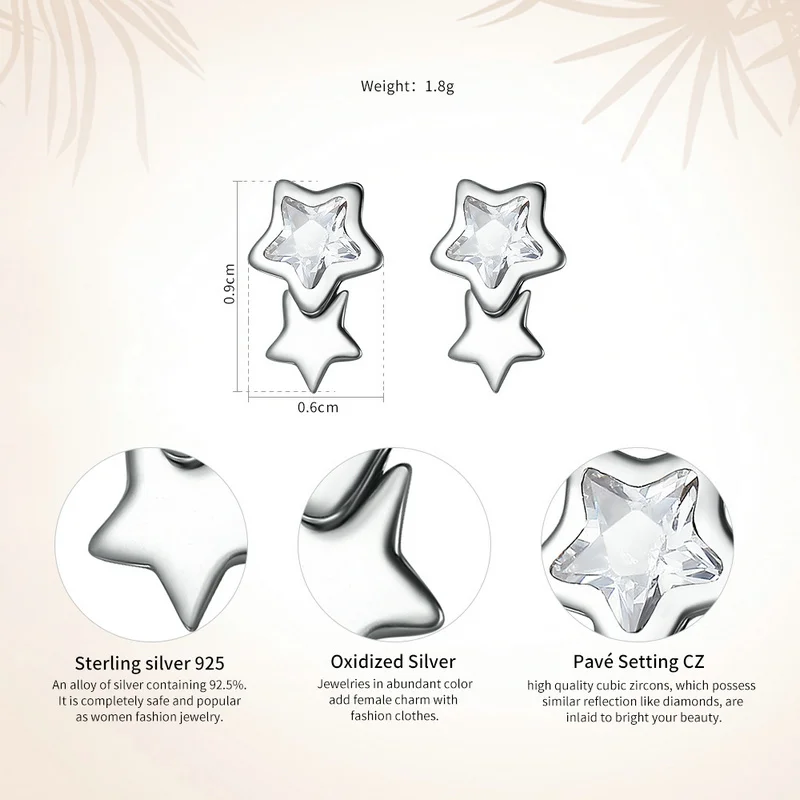 Hot Sale Genuine 925 Sterling Silver Sparking CZ Double Star Shape Stud Earrings for Women Fine Jewelry Bijoux | Украшения и