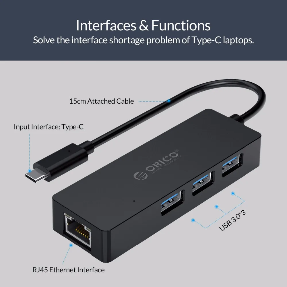 USB Концентратор ORICO 4 в 1 Type-C к RJ45/USB3.0 концентратор Мини Deak адаптер 15 см