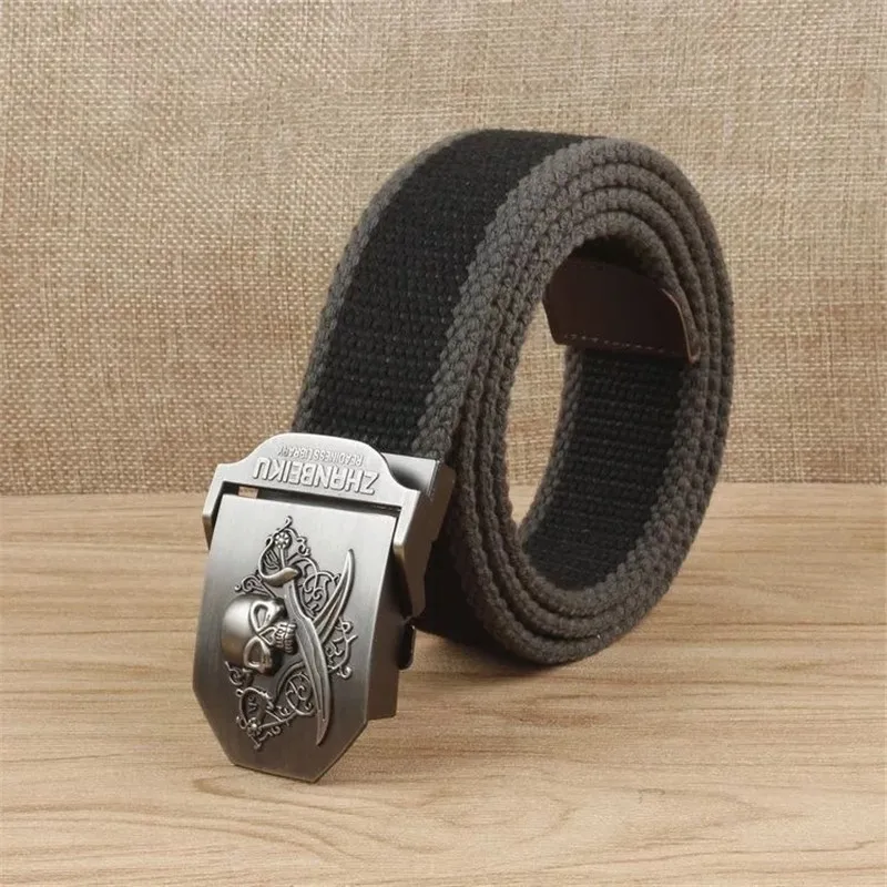 black gray stripe Уличный ремень высокого качества холщовые ремни для джинсов Мужские Роскошные повседневные ремни нож череп унисекс холщовый пояс утолщенный 4 мм тканый - Цвет: black gray stripe