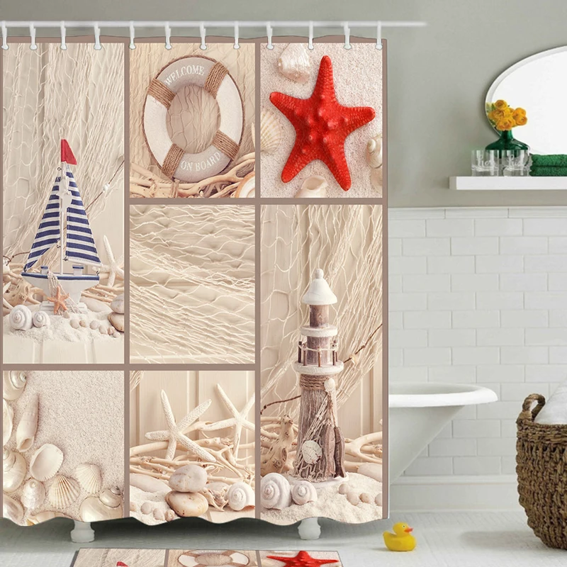 Высококачественные шторы для душа с принтом в виде ракушек морского пляжа