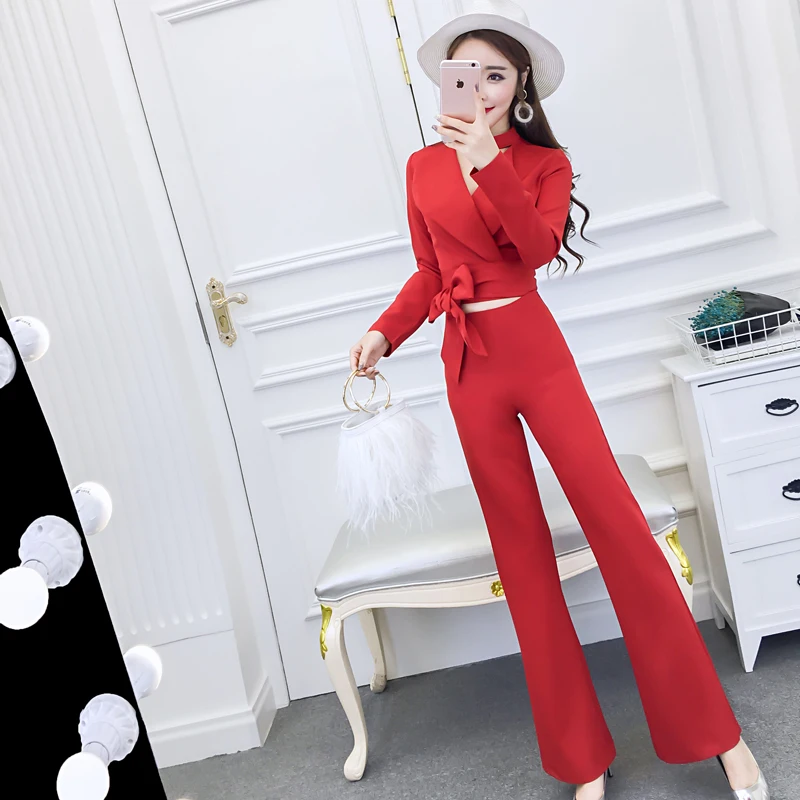 Фото 2018 Spring and Autumn new style Korean temperament neck long-sleeved suit was thin wide leg bell-bottoms fashion ladies suits Женская 2018 Spring and Autumn new style Korean temperament neck long-sleeved suit was thin wide leg bell-bottoms fashion ladies suits Женская