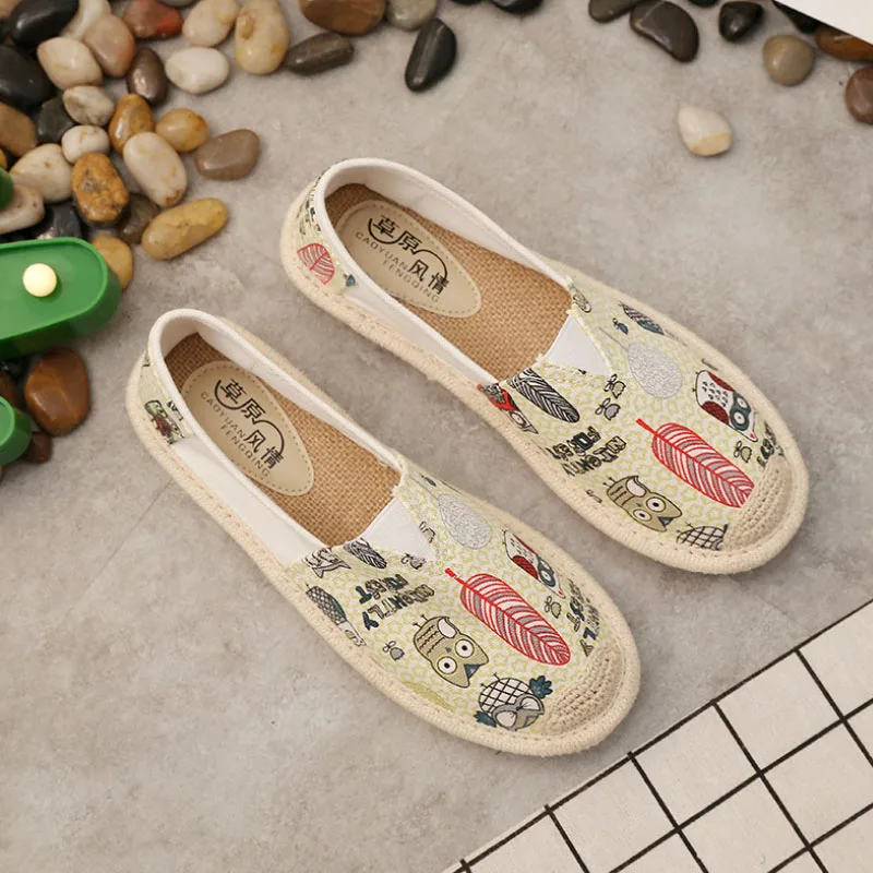 summer women's flat shoes breathable graffiti canvas linen women espadrilles non-slip casual white sneakers ballet flats - Цвет: White feather