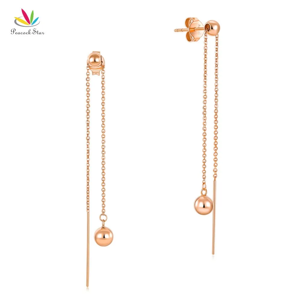 Real Solid 18K Rose Gold Long Line Earrings Drop Dangle Ball 2 -Way of Wearing Simple Elegant | Украшения и аксессуары