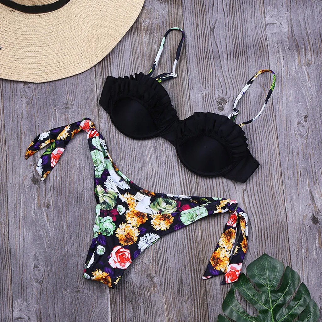 Комплект бикини с чашками пуш ап цветочный купальник оборками пикантный
