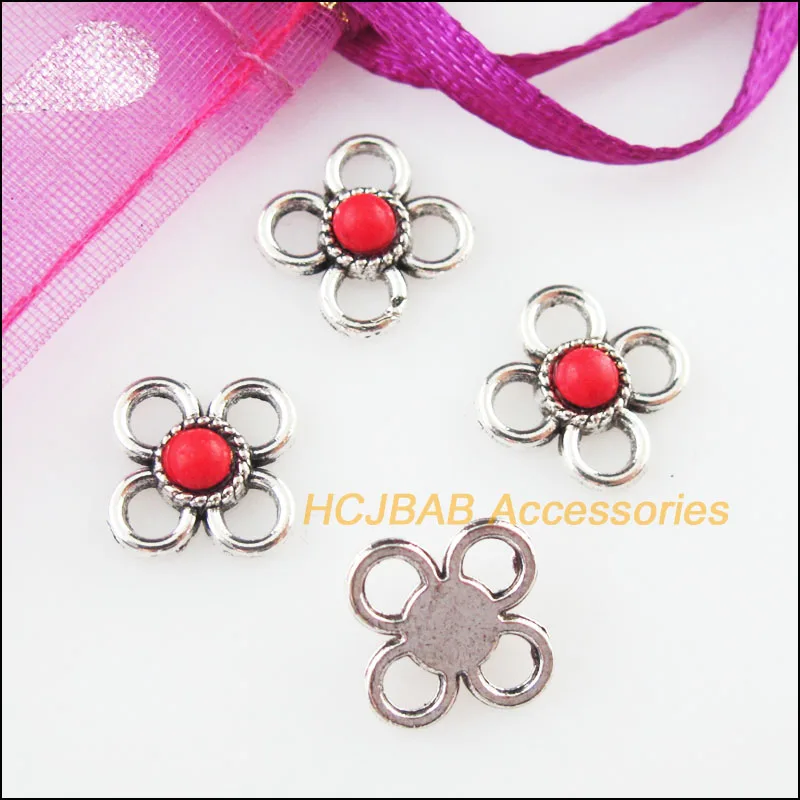 Мода 30 шт. ретро тибетский серебристый маленький цветок Красный Камень Подвески