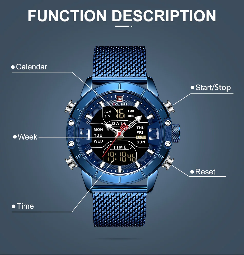 NAVIFORCE мужские часы Топ люксовый бренд Мужские Военные Спортивные кварцевые наручные часы из нержавеющей стали светодиодный цифровые часы Relogio Masculino