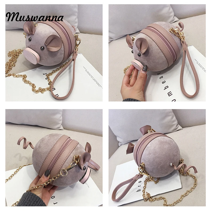 Корейская мода, замшевая женская сумка, маленькая круглая сумка со Свинкой, на цепочке, женская сумка через плечо, сумка на запястье, вечерние клатчи, сумочка для монет