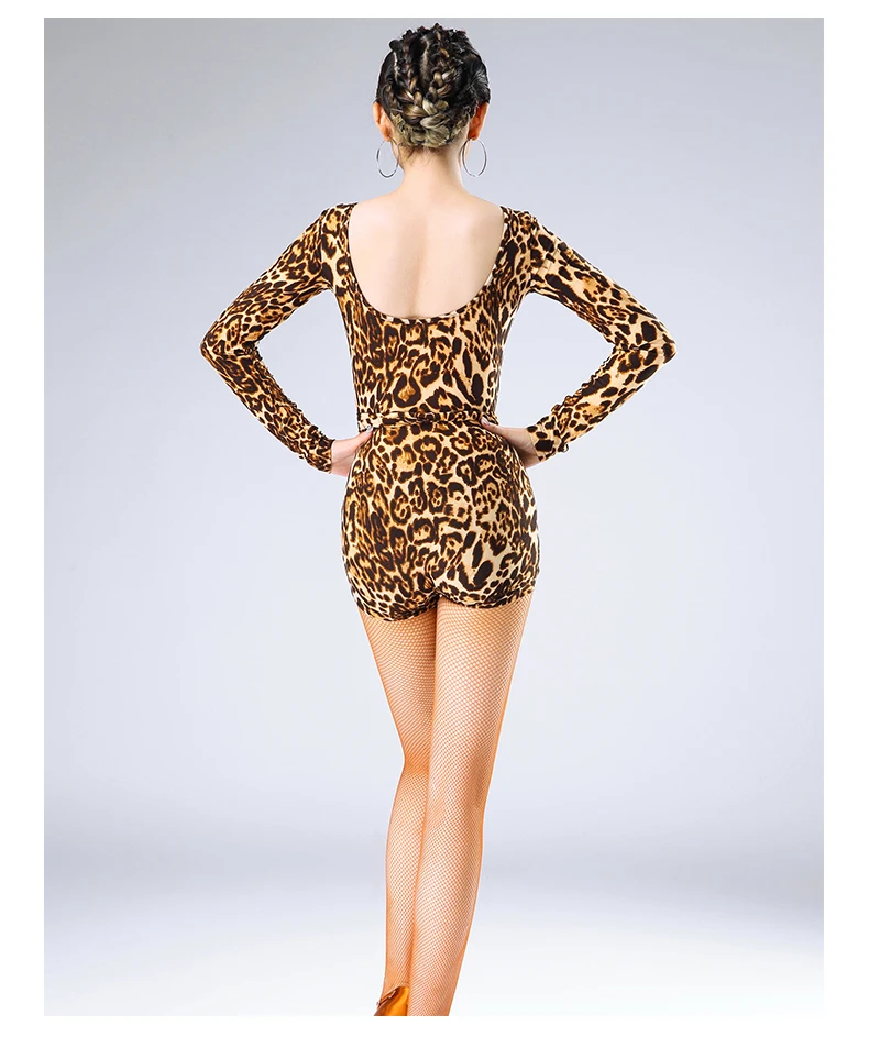 2018 Latin blouse female adult new long sleeved modal modern dance halter one piece dress practice clothes leopard print S171105|Латинский|