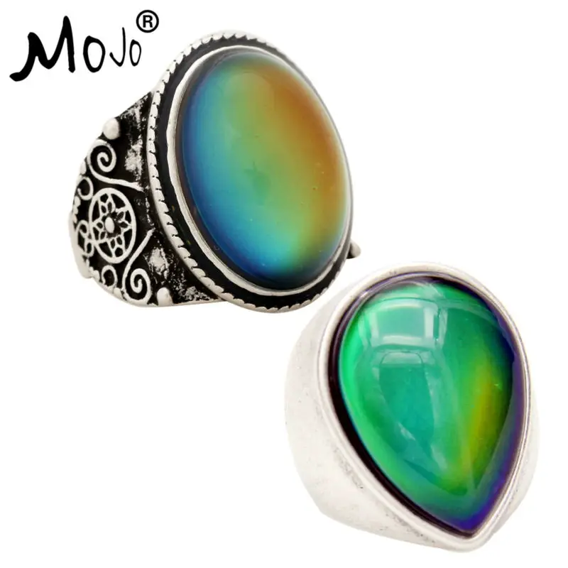 

2PCS Antique Silver Plated Color Changing Mood Rings Changing Color Temperature Emotion Feeling Rings Set For Women/Men 004-048