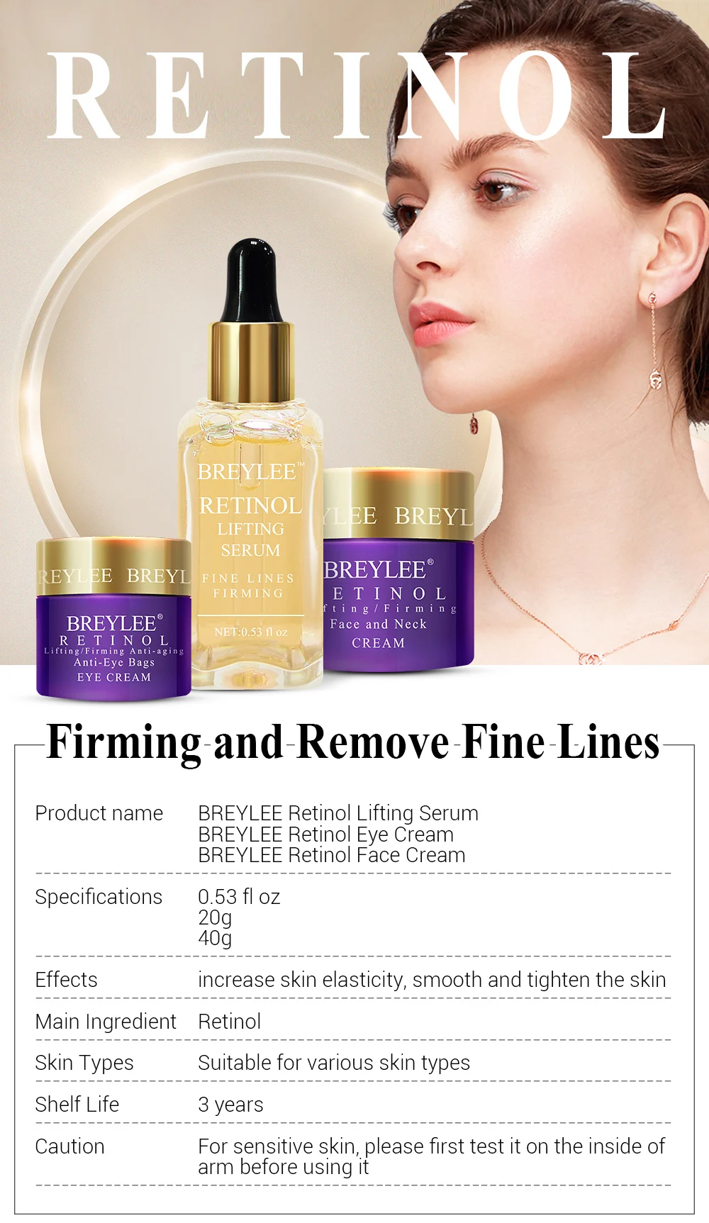 BREYLEE Retinol набор Антивозрастная укрепляющая сыворотка для лица крем для глаз крем для лица для удаления тонкой линии морщин подтягивающий уход за кожей увлажняющий